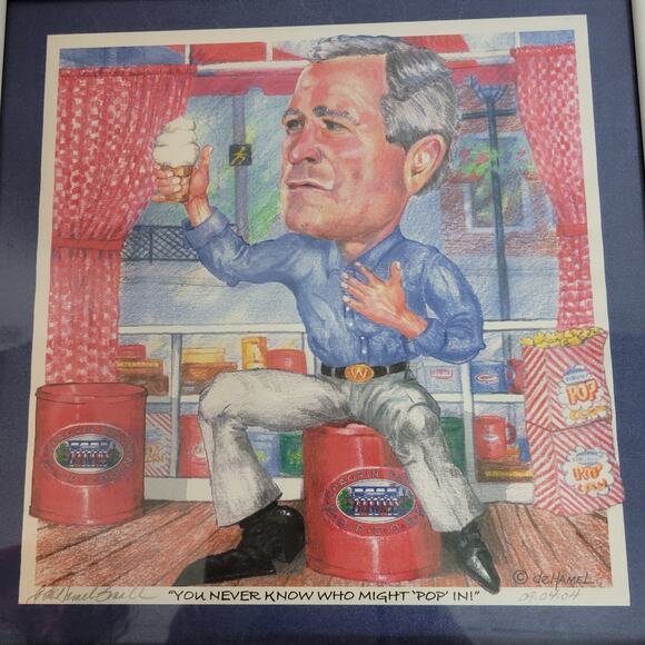 De Hamel‎ George W Bush Chagrin Falls Popcorn Shop Hanging Framed Art 12" Signed - Picture 8 of 11